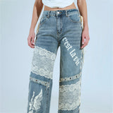 Street Style Hot Lace Spliced Straight Jeans Women's Summer Strap Design Prints Denim Trousers HZ1208