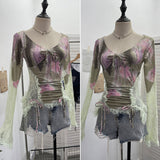 Design Lace Splicing Long-Sleeved T-Shirt Women's Bow Strap Hollow Irregular Blouse 6179 HZ1208