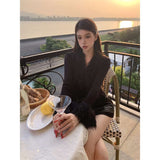 Black Spliced Hairy Long Sleeve 2025 Cardigan Women's Winter New Slim Slim Temperament Sweater Top HZ1208
