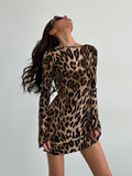 Women's Clothing 2025 Spring High-Rise Round-Neck Long-Sleeved Dress Personality Street Leopard Skirt Fashion HZ1208