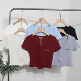 B01 Casual Wood-Eared Embroidery Short Small Cardigan Bottom Shirt T-Shirt T-Enum T-Shirt 89325 HZ1208