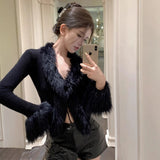 [Monthly Sales Of 100,000] 2025 Hot Girls V Collar Fur Cardigan Top Unique Sexy Short Bottom Shirt To Match Women HZ1208