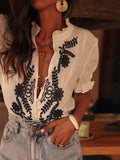 Women's V-Neck Floral Embroidered Shirt Women's New Fashion Single-Crysle Blouse HZ1208