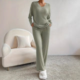 Autumn And Winter New Women's Pure Color V-Neck Loose Blouse Casual Straight Trousers Pit Two Sets HZ1208