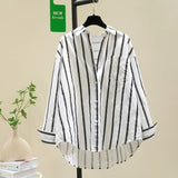 Cotton 2025 Spring And Autumn New Korean Version Of Small Fresh Cardigan Striped Single Pocket Loose Lanky Long Sleeve Shirt Woman HZ1208