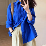 Blue Shirt Women Spring And Autumn 2025 New Design Sense Of Small Solid Casual Folding Long-Sleeved Shirt Coat Top HZ1208
