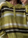 Fashion Striped Knitted POLO Shirt Collar Collar Sweater Loose Leisure Lazy Style New Women's Style HZ1208