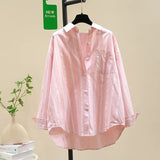 Cotton 2025 Spring And Autumn New Korean Version Of Small Fresh Cardigan Striped Single Pocket Loose Lanky Long Sleeve Shirt Woman HZ1208