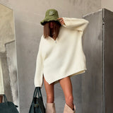 Hot Street Style Ultra-Loose Zipper Sweater Female High-Collar Open Fork Design Fashion Personality Fried Street Autumn And Winter HZ1208