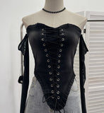 Hottie Sexy Tset Blouse Irregular Cowboy Splicing Mesh Yarn Tie With Short T-Shirt 6105 HZ1208