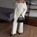 Hot Selling A Word Shoulder Knitted Commuting Set Loose Top Broad Leg Trousers Simple High-Grade Gray Workplace Fashion HZ1208
