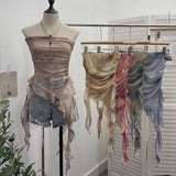 2025 New Summer Tie-Dye Lotus Side Mesh Yarn Irregular Fluttering Thai Mesh Wrap Tector Blouse HZ1208