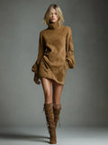 2025 High-End Women's Retro Collar Imitation Leather Short Dress Autumn And Winter New Long-Sleeved Short Dress HZ1208