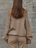 Simple Temperament Famous Woman's Shoulder Solid Color Loose Long-Sleeved Sweater Trousers Set Two Sets Of Women HZ1208
