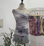 Net Yarn Printed Slanted Shoulder Sling Vest Retro Design Folding Temperament Short Blouse 8009 HZ1208