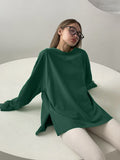 2025 Hot Loose Long-Sleeved Open-Fork T-Shirt Women's Solid Color 100% Cotton Top Spring And Summer Women's Clothing HZ1208