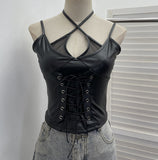 Real Shooting Locomotive Punk Pu Splicing Fishing Net Hanging Neck Sling Vest Babes Wearing Rope Repair Short Blouse 8106 HZ1208